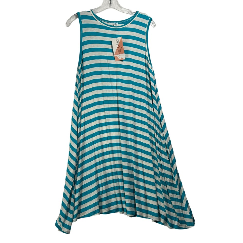 Honey & Lace Sunnyvale‎ Teal White Striped Sleeveless Swing Dress Large NWT
